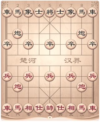 象棋棋盘网格图，底部标注1-9（黑方视角），顶部标注一-九（红方视角）
