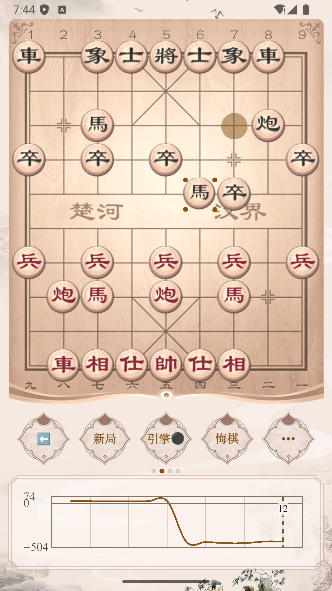 复盘软件中的曲线图，红黑双方形势消长一目了然，标注出关键的漏招和神着